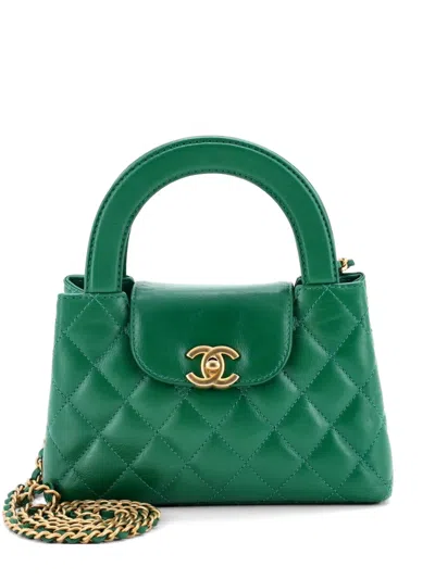 Pre-owned Chanel Kelly Top Handle Shopping Bag Quilted Shiny Aged Calfskin Mini Satchel In Green