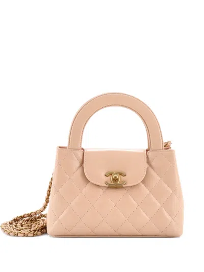Pre-owned Chanel Kelly Top Handle Shopping Bag Quilted Shiny Aged Calfskin Mini Satchel In Neutral