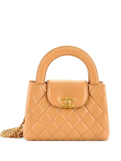 Pre-owned Chanel Kelly Top Handle Shopping Bag Quilted Shiny Aged Calfskin Mini Satchel In Neutrals
