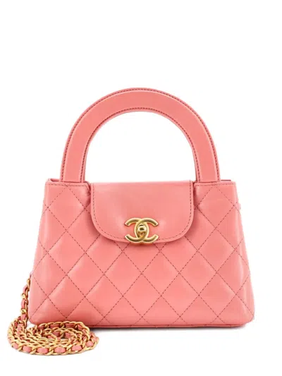 Pre-owned Chanel Kelly Top Handle Shopping Bag Quilted Shiny Aged Calfskin Mini Satchel In Pink