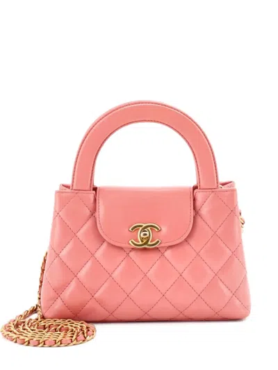 Pre-owned Chanel Kelly Top Handle Shopping Bag Quilted Shiny Aged Calfskin Mini Satchel In Pink