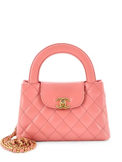 Pre-owned Chanel Kelly Top Handle Shopping Bag Quilted Shiny Aged Calfskin Mini Satchel In Pink