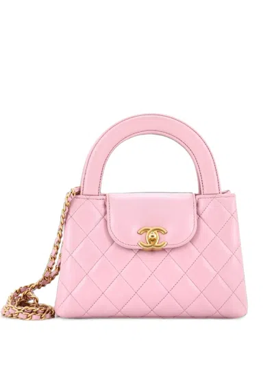 Pre-owned Chanel Kelly Top Handle Shopping Bag Quilted Shiny Aged Calfskin Mini Satchel In Pink