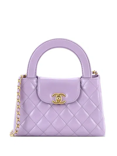 Pre-owned Chanel Kelly Top Handle Shopping Bag Quilted Shiny Aged Calfskin Mini Satchel In Purple
