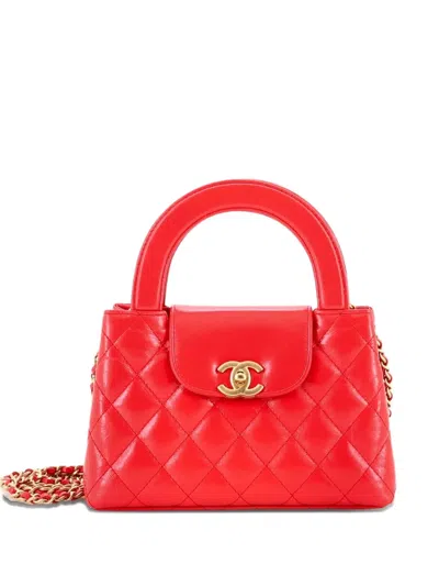 Pre-owned Chanel Kelly Top Handle Shopping Bag Quilted Shiny Aged Calfskin Mini Satchel In Red