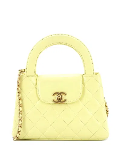 Pre-owned Chanel Kelly Top Handle Shopping Bag Quilted Shiny Aged Calfskin Mini Satchel In Yellow