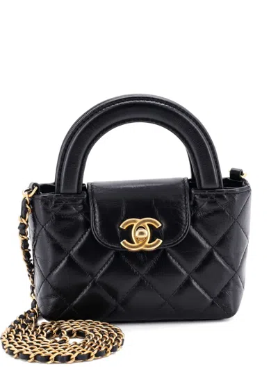 Pre-owned Chanel Kelly Top Handle Shopping Bag Quilted Shiny Aged Calfskin Nano Crossbody Bag In Black