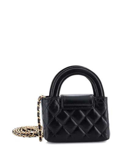 Pre-owned Chanel Kelly Top Handle Shopping Bag Quilted Shiny Aged Calfskin Nano Crossbody Bag In Black