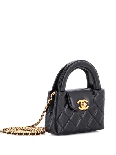 Pre-owned Chanel Kelly Top Handle Shopping Bag Quilted Shiny Aged Calfskin Nano Crossbody Bag In Black