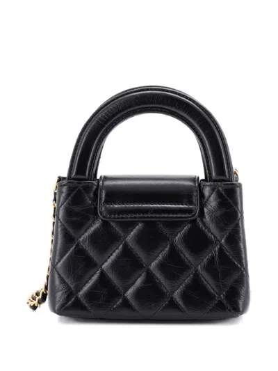 Pre-owned Chanel Kelly Top Handle Shopping Bag Quilted Shiny Aged Calfskin Nano Crossbody Bag In Black