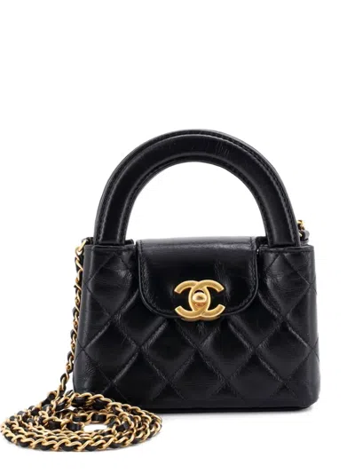 Pre-owned Chanel Kelly Top Handle Shopping Bag Quilted Shiny Aged Calfskin Nano Crossbody Bag In Black