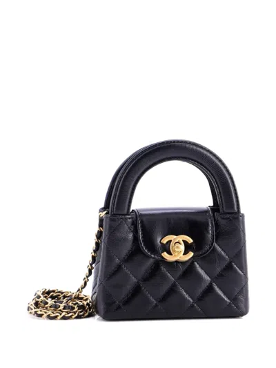 Pre-owned Chanel Kelly Top Handle Shopping Bag Quilted Shiny Aged Calfskin Nano Crossbody Bag In Black