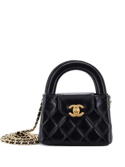 Pre-owned Chanel Kelly Top Handle Shopping Bag Quilted Shiny Aged Calfskin Nano Crossbody Bag In Black