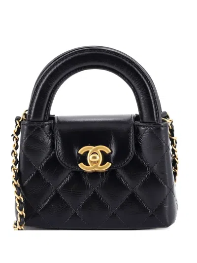 Pre-owned Chanel Kelly Top Handle Shopping Bag Quilted Shiny Aged Calfskin Nano Crossbody Bag In Black