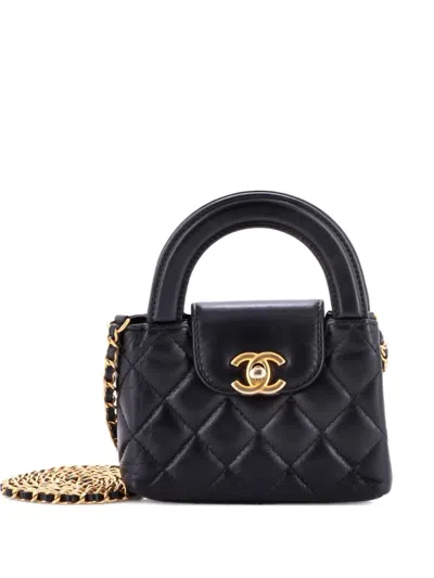 Pre-owned Chanel Kelly Top Handle Shopping Bag Quilted Shiny Aged Calfskin Nano Crossbody Bag In Black