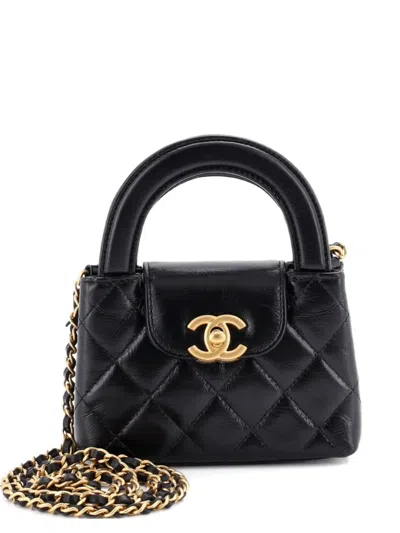 Pre-owned Chanel Kelly Top Handle Shopping Bag Quilted Shiny Aged Calfskin Nano Crossbody Bag In Black