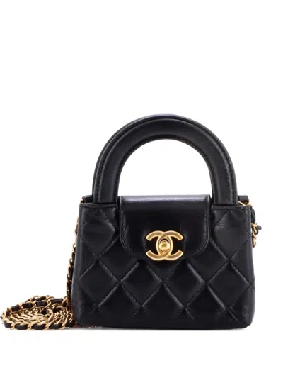 Pre-owned Chanel Kelly Top Handle Shopping Bag Quilted Shiny Aged Calfskin Nano Crossbody Bag In Black