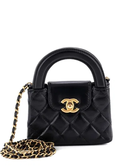 Pre-owned Chanel Kelly Top Handle Shopping Bag Quilted Shiny Aged Calfskin Nano Crossbody Bag In Black