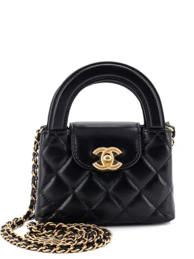 Pre-owned Chanel Kelly Top Handle Shopping Bag Quilted Shiny Aged Calfskin Nano Crossbody Bag In Black