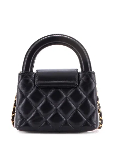 Pre-owned Chanel Kelly Top Handle Shopping Bag Quilted Shiny Aged Calfskin Nano Crossbody Bag In Black