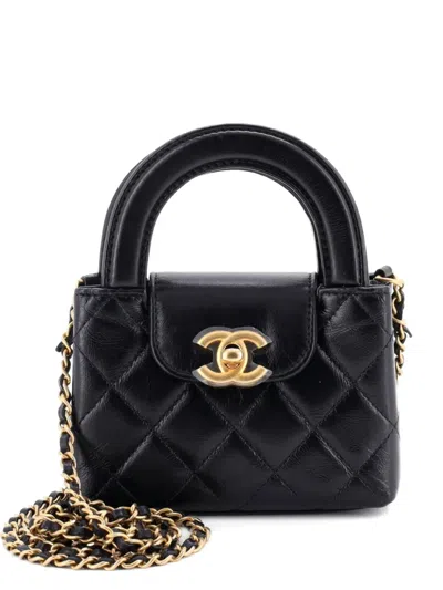 Pre-owned Chanel Kelly Top Handle Shopping Bag Quilted Shiny Aged Calfskin Nano Crossbody Bag In Black