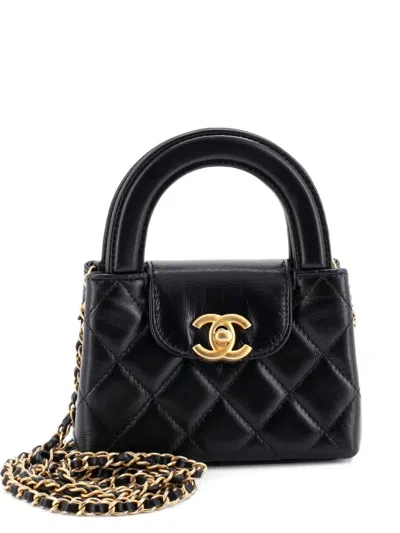 Pre-owned Chanel Kelly Top Handle Shopping Bag Quilted Shiny Aged Calfskin Nano Crossbody Bag In Black