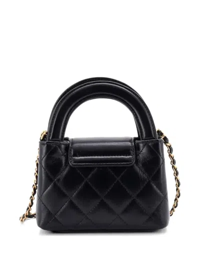 Pre-owned Chanel Kelly Top Handle Shopping Bag Quilted Shiny Aged Calfskin Nano Crossbody Bag In Black