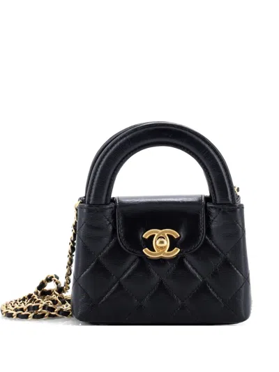 Pre-owned Chanel Kelly Top Handle Shopping Bag Quilted Shiny Aged Calfskin Nano Crossbody Bag In Black