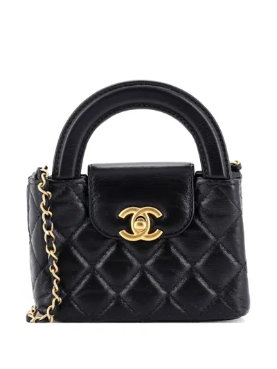 Pre-owned Chanel Kelly Top Handle Shopping Bag Quilted Shiny Aged Calfskin Nano Crossbody Bag In Black