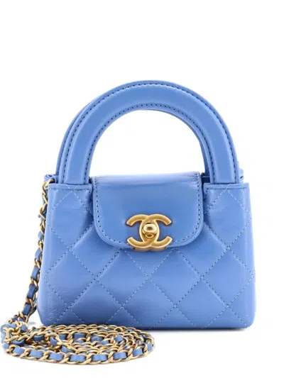 Pre-owned Chanel Kelly Top Handle Shopping Bag Quilted Shiny Aged Calfskin Nano Crossbody Bag In Blue