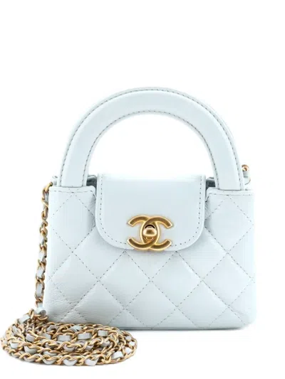 Pre-owned Chanel Kelly Top Handle Shopping Bag Quilted Shiny Aged Calfskin Nano Crossbody Bag In Blue