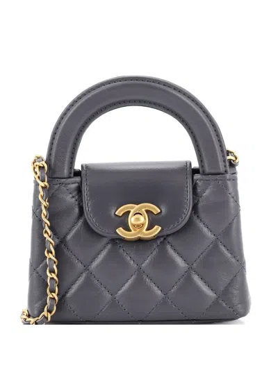 Pre-owned Chanel Kelly Top Handle Shopping Bag Quilted Shiny Aged Calfskin Nano Crossbody Bag In Gray