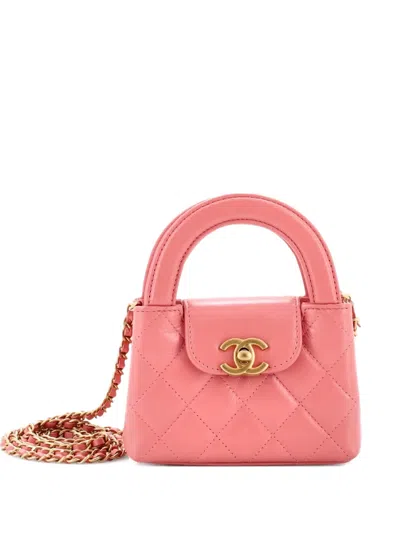 Pre-owned Chanel Kelly Top Handle Shopping Bag Quilted Shiny Aged Calfskin Nano Crossbody Bag In Pink