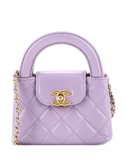 Pre-owned Chanel Kelly Top Handle Shopping Bag Quilted Shiny Aged Calfskin Nano Crossbody Bag In Purple