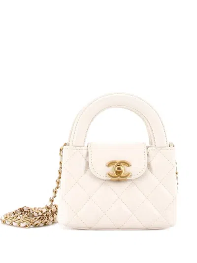 Pre-owned Chanel Kelly Top Handle Shopping Bag Quilted Shiny Aged Calfskin Nano Crossbody Bag In White