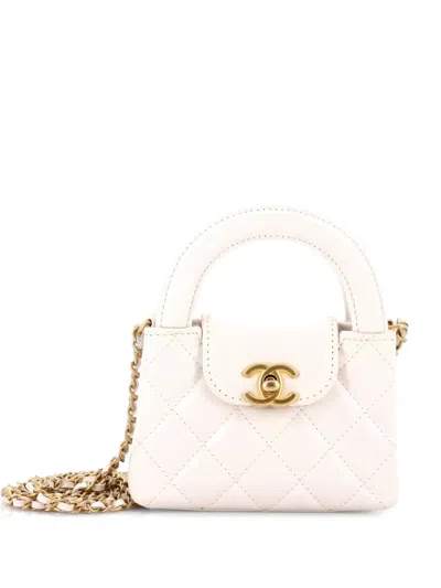 Pre-owned Chanel Kelly Top Handle Shopping Bag Quilted Shiny Aged Calfskin Nano Crossbody Bag In White