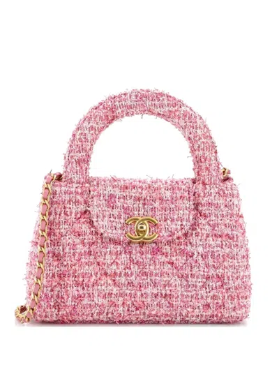 Pre-owned Chanel Kelly Top Handle Shopping Bag Quilted Tweed Mini Satchel In Pink