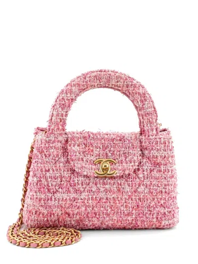 Pre-owned Chanel Kelly Top Handle Shopping Bag Quilted Tweed Mini Satchel In Pink