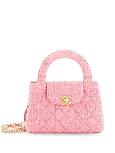 Pre-owned Chanel Kelly Top Handle Shopping Bag Quilted Tweed Mini Satchel In Pink