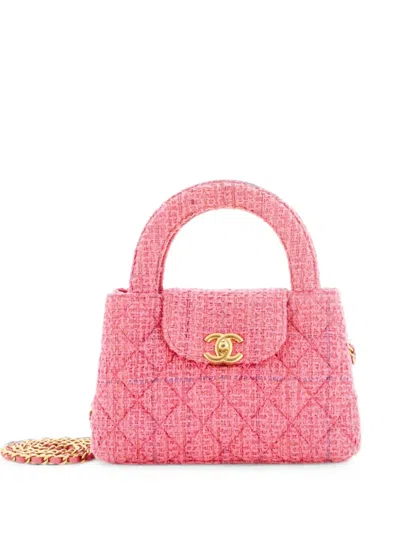 Pre-owned Chanel Kelly Top Handle Shopping Bag Quilted Tweed Mini Satchel In Pink