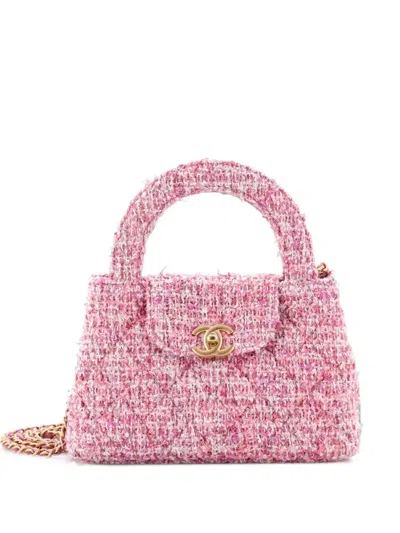 Pre-owned Chanel Kelly Top Handle Shopping Bag Quilted Tweed Mini Satchel In Pink