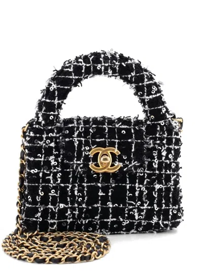 Pre-owned Chanel Kelly Top Handle Shopping Bag Quilted Tweed With Sequins Nano Satchel In Black