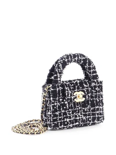 Pre-owned Chanel Kelly Top Handle Shopping Bag Quilted Tweed With Sequins Nano Satchel In Black