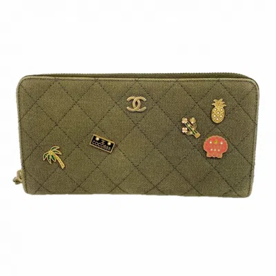 Pre-owned Chanel Khaki Canvas Long Wallet (bi-fold) () In Brown