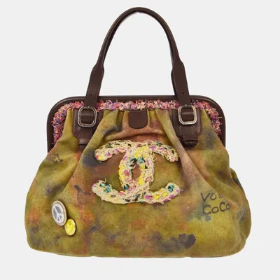 Pre-owned Chanel Khaki Green Canvas Graffiti On The Pavement Tote Handbag