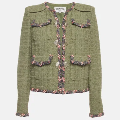 Pre-owned Chanel Khaki Green Tweed Contrast Trimmed Jacket M