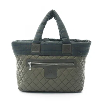 Pre-owned Chanel Khaki Multi-color Nylon Leather Tote Bag ()