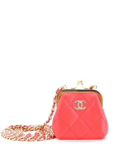 Pre-owned Chanel Kiss Lock Clutch With Chain Quilted Lambskin Mini Crossbody Bag In Red