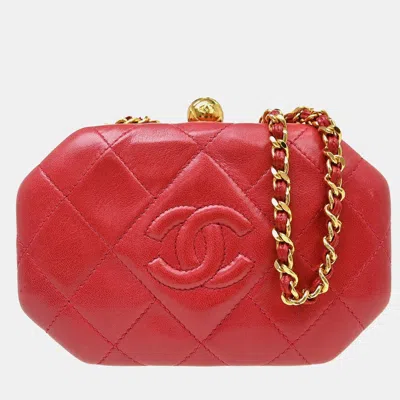 Pre-owned Chanel Kiss Lock Mini Red Quilted Lambskin Leather Clutch Bag