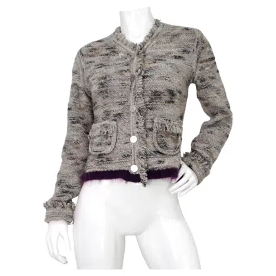Pre-owned Chanel Knit Wool Blend Fringe Cardigan Circa 1999 In Gray